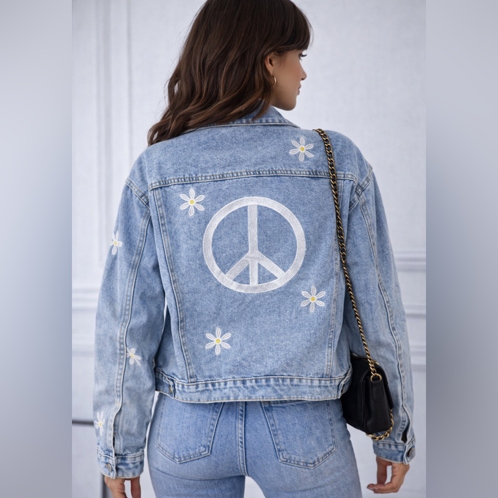 New nwt Miss sparkling denim jean jacket embroidered peace sz S L XL - Picture 5 of 5